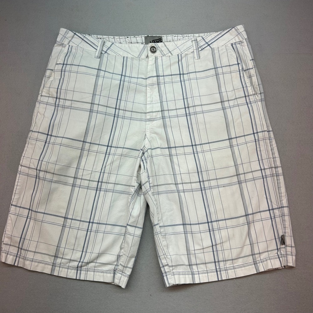 Vans Mens Plaid Cargo Shorts White Blue Cotton Size 38